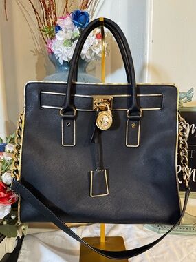 Michael Kors Large Hamilton Black Saffiano Leather Satchel w Gold Hardware EUC